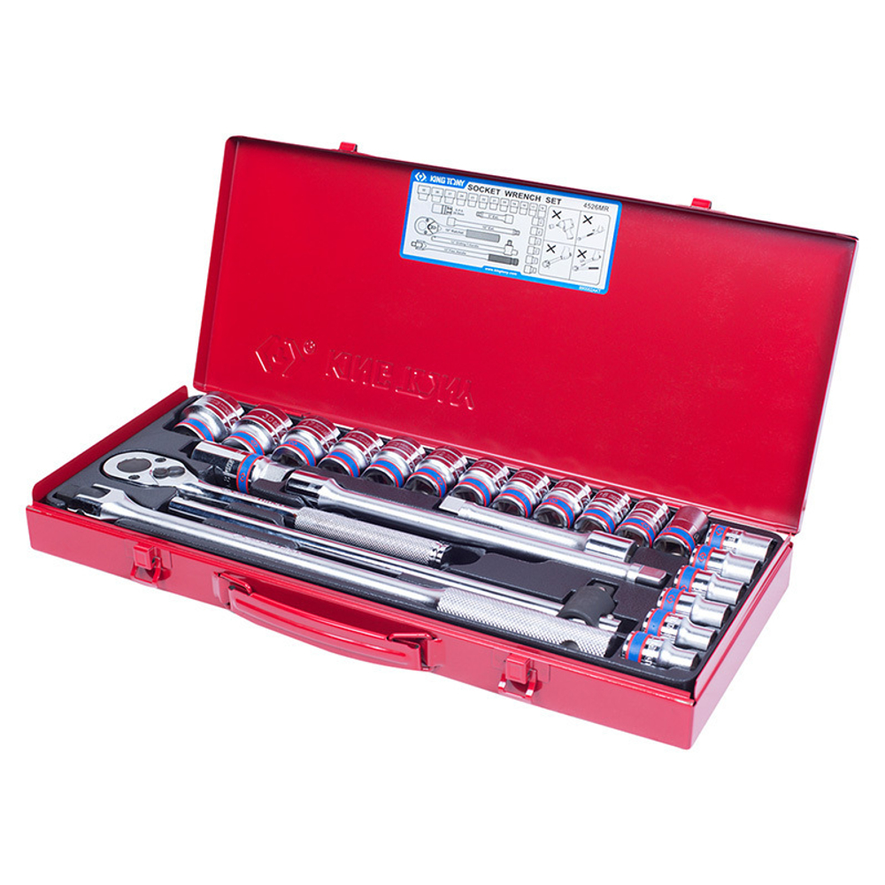 Набор торцевых головок с принадлежностями 1/2&quot;, шестигранные, 10-32 мм, 24 предмета KING TONY 4526MR