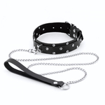 Ошейник со стразами и поводком цепочкой кожа черный