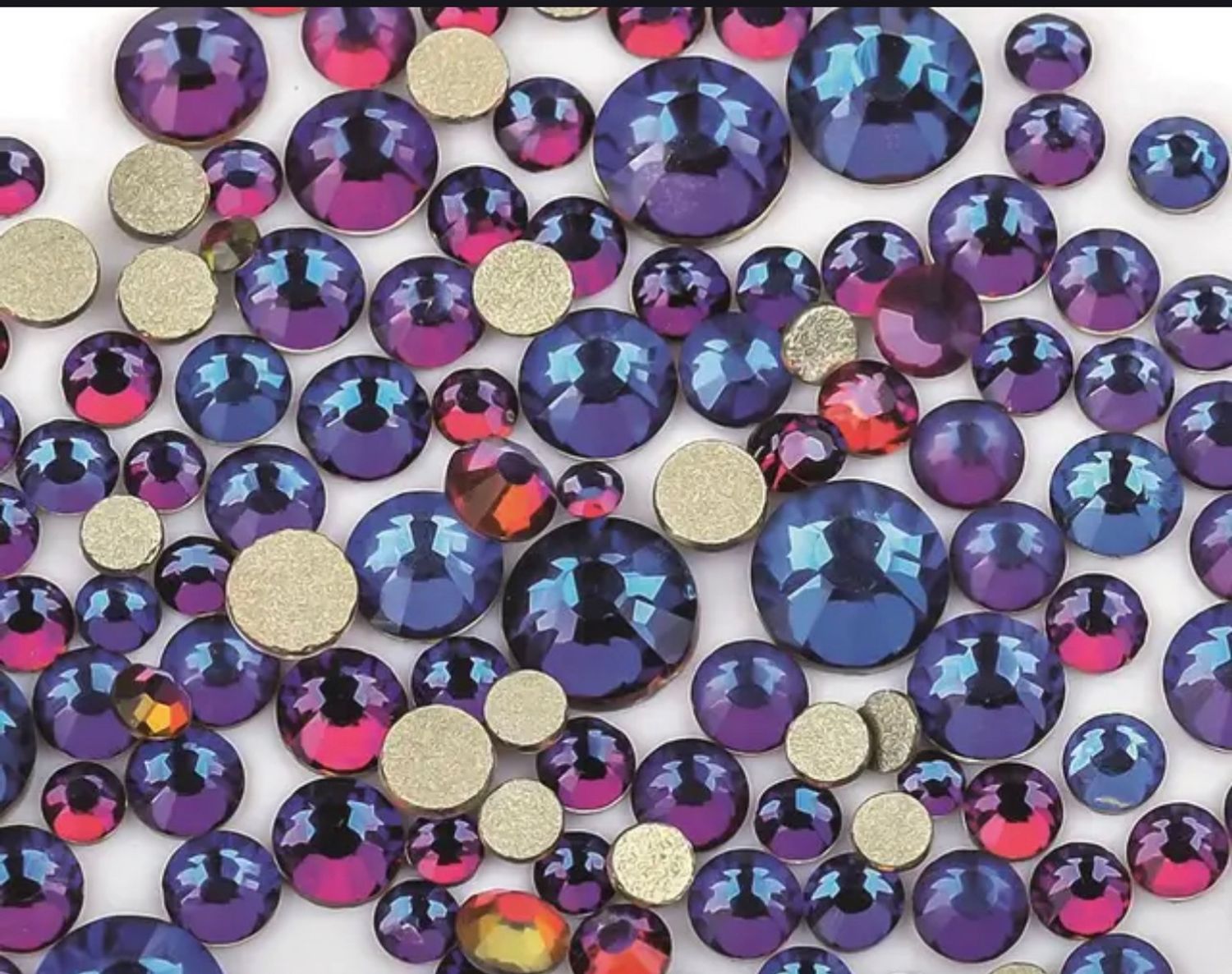 Стеклянные стразы  (размер микс) 1140шт, цвет хамелеон розово-фиолетовый