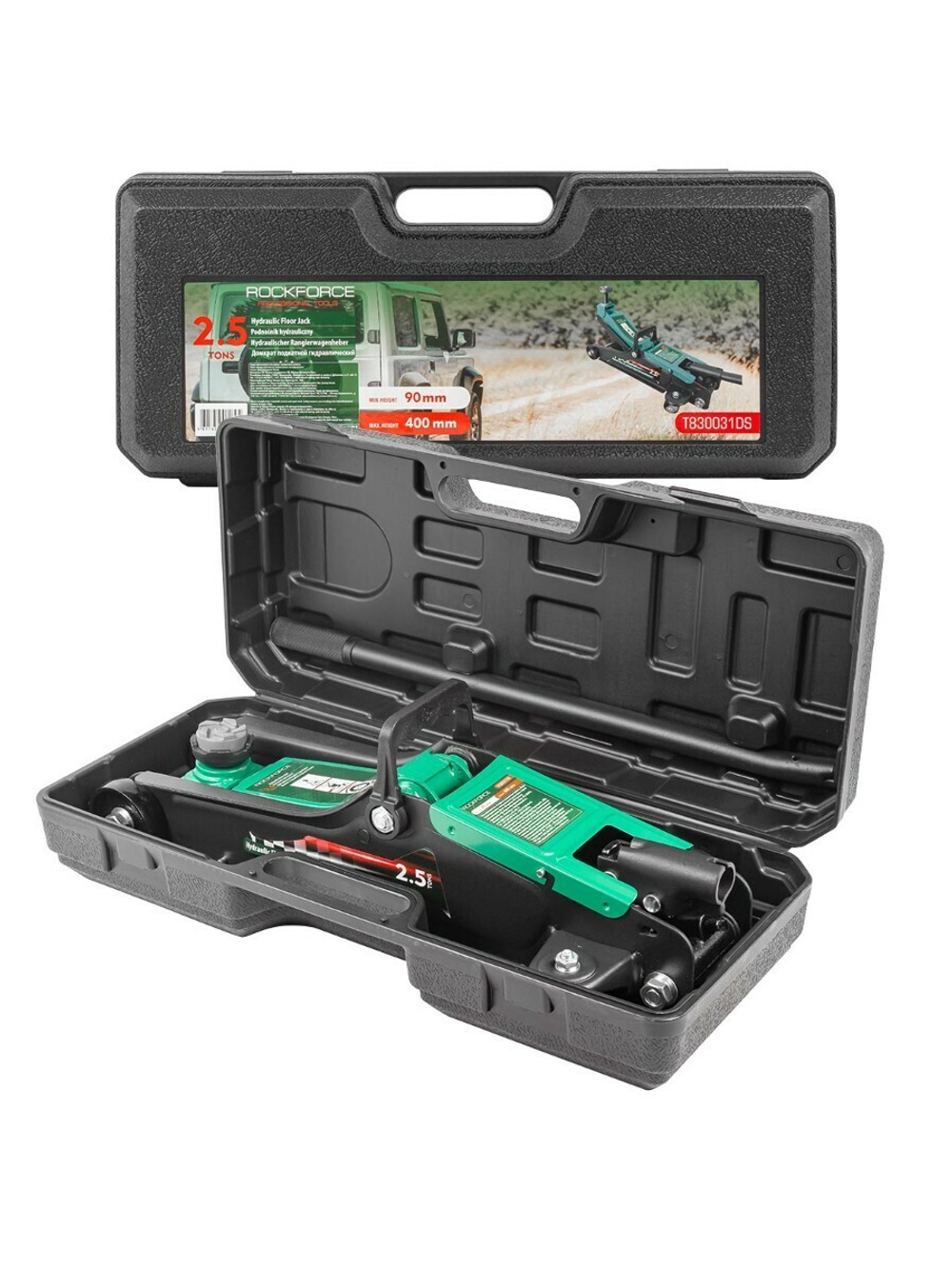 Домкрат подкатной гидравлический 2.5т (h min 90мм, h max 400мм) в кейсе RockForce##Rock FORCE RF-T830031BS(DS)