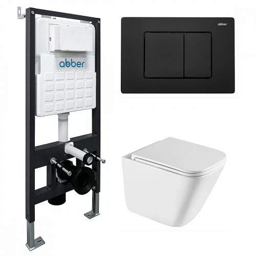 Унитаз подвесной ABBER Rechteck AC1219TC-AC0105-AC0120MB белый/кнопка черный матовый, с крышкой микролифт, с инсталляцией, безободковый, слив-торнадо