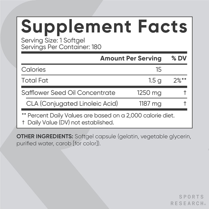 Линолевая кислота (КЛК) 95% 1250 мг, CLA 95% 1250 mg, Sports Research, 180 капсул 2