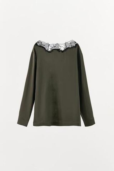 ZARA АТЛАСНАЯ РУБАШКА В ПИЖАМНОМ СТИЛЕ С КРУЖЕВОМ, ЗЕЛЕНЫЙ