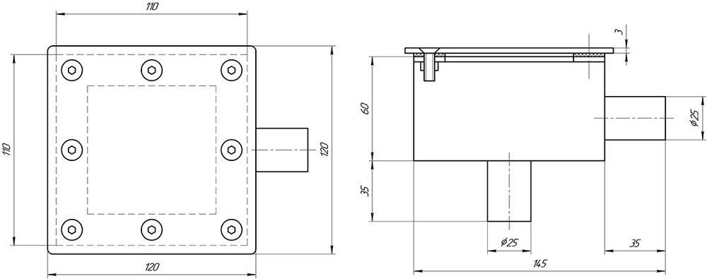 RV Распаячный короб квадратный 110х110мм герметичный (выхода Ø25мм, AISI-304)