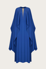 ПЛАТЬЕ-КЕЙП ИЗ СИНЕГО ШЕЛКА, ДЕКОРИРОВАННОЕ СТРАЗАМИ