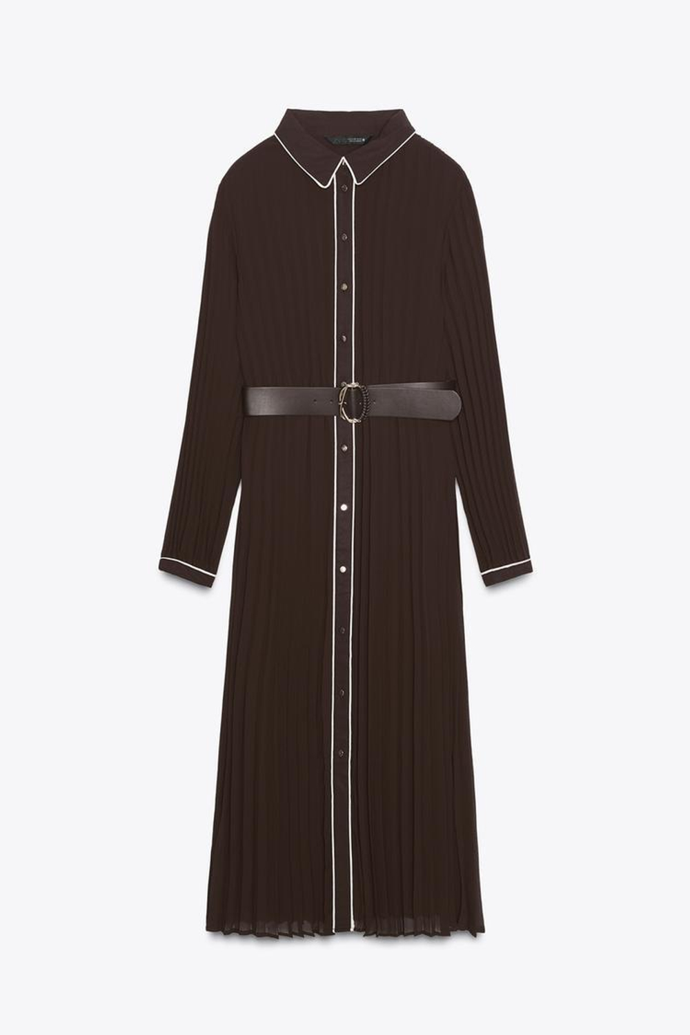 ZARA ПЛИССИРОВАННОЕ ПЛАТЬЕ МИДИ С ПОЯСОМ, КОРИЧНЕВЫЙ