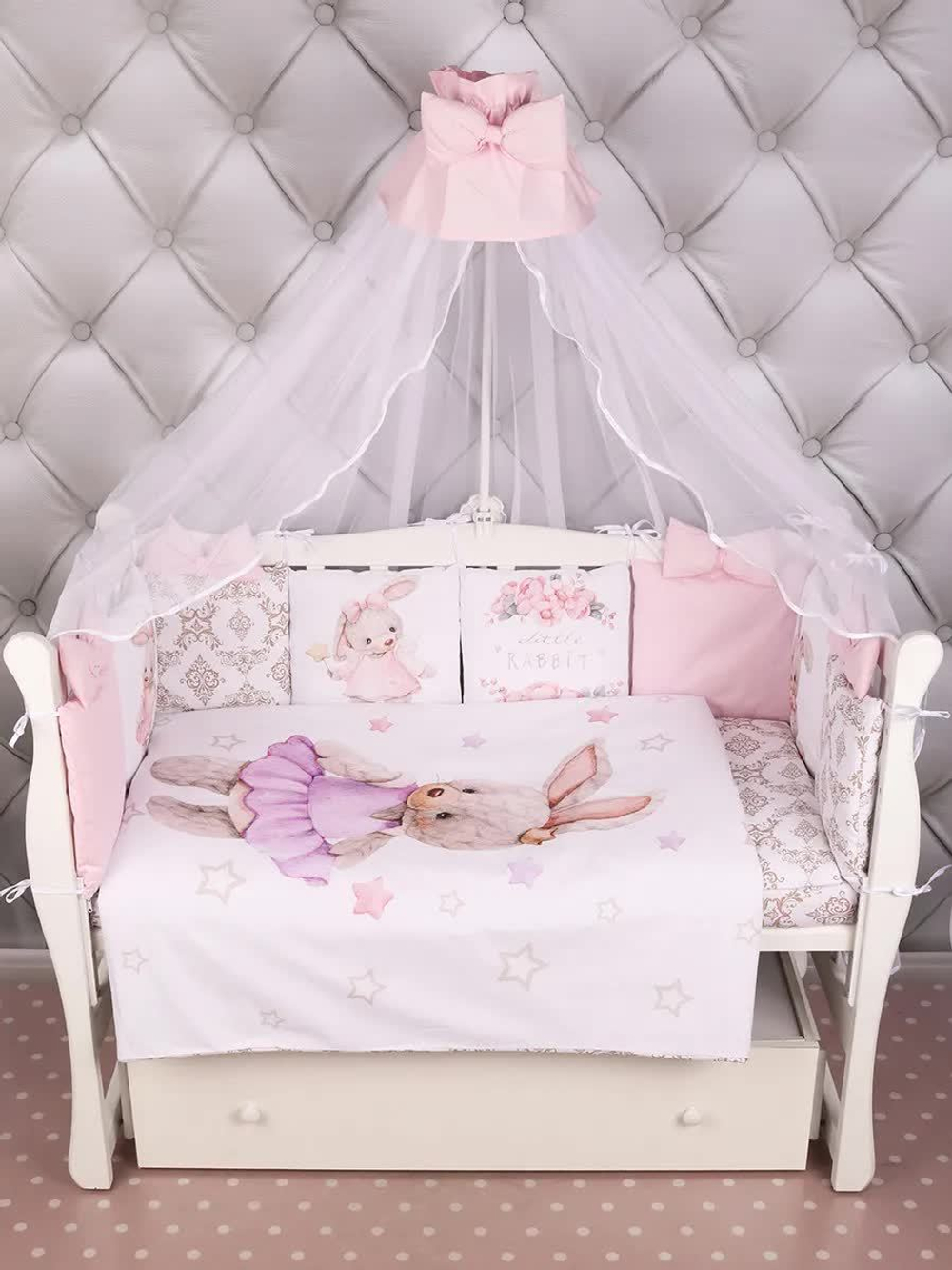 Комплект в кроватку 18 предметов "Заяц в платье" розовый, сатин