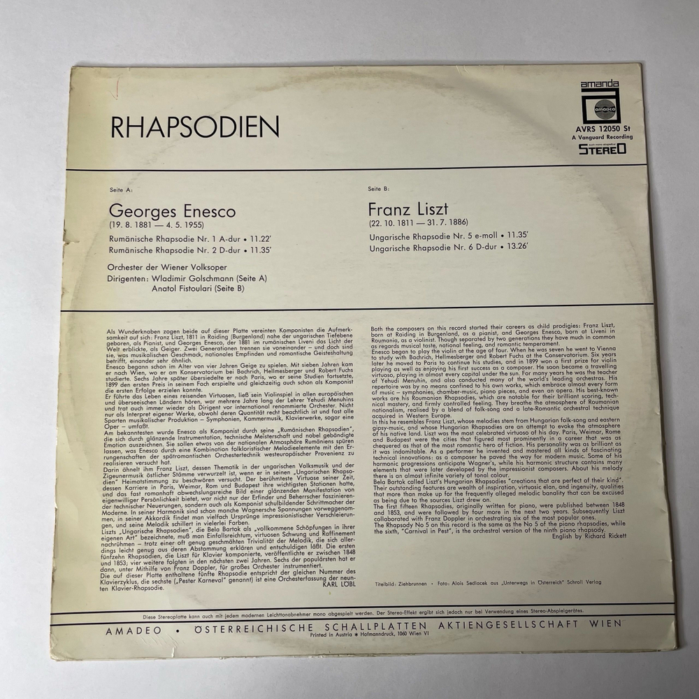 Винтажная виниловая пластинка LP Georges Enesco Энеску, Джордже, Franz Liszt Лист, Dirigenten: Wladimir Golschmann, Anatol Fistoulari Rhapsodien (Австрия 1976)