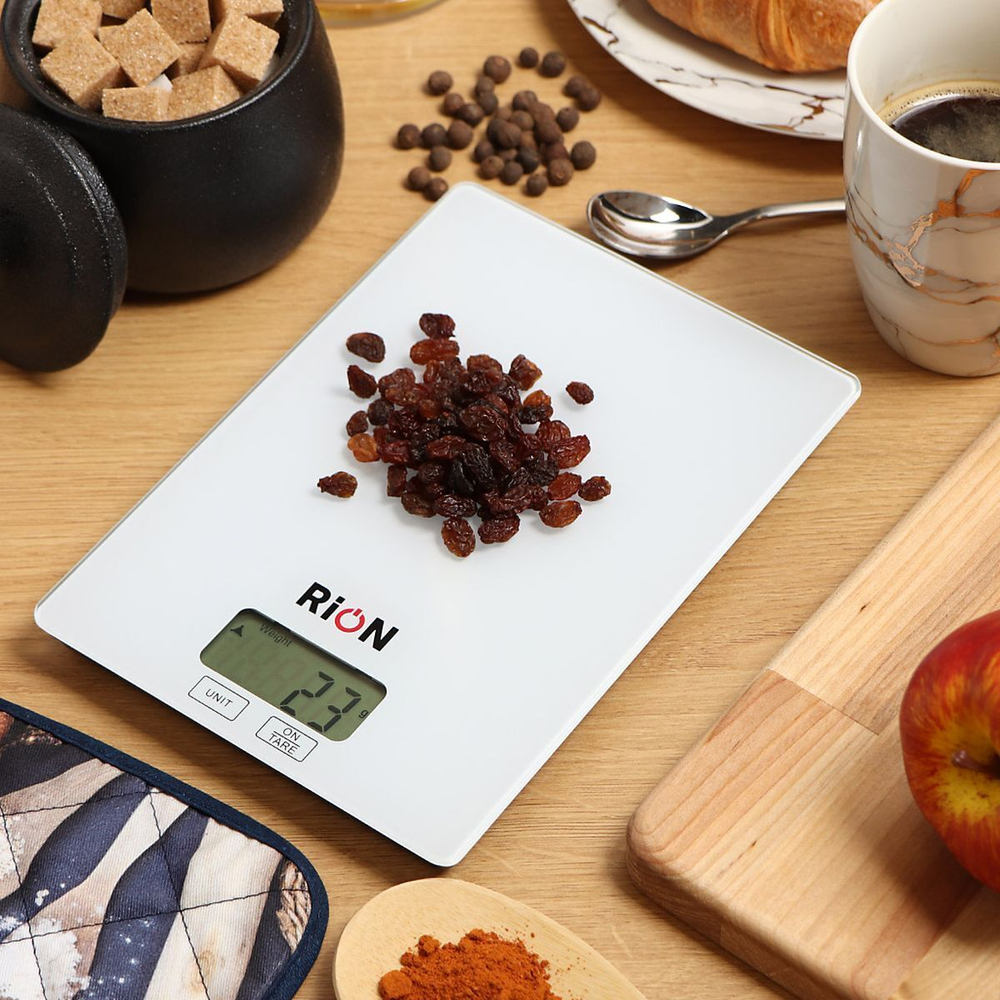 Весы кухонные электронные, стекло, Rion, PT-210, платформа, точность 1 г, до 5 кг, LCD-дисплей, белые, PT-210