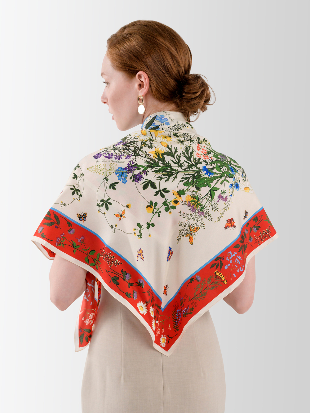 Платок «Русский полевой букет» красный 100% шёлк