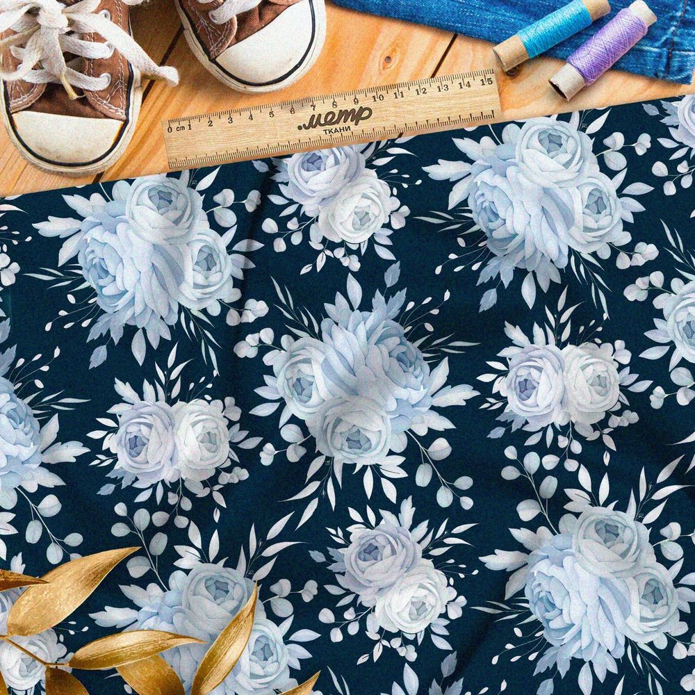 Ткань шелк Армани голубые пионы на синем фоне