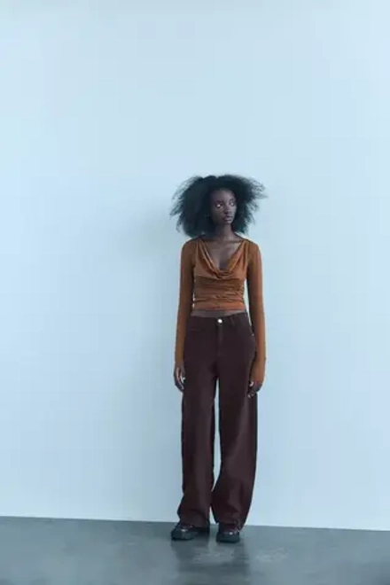 ZARA ТОП ИЗ ПОЛИАМИДА СО СБОРКАМИ, СВЕТЛО-КОРИЧНЕВЫЙ