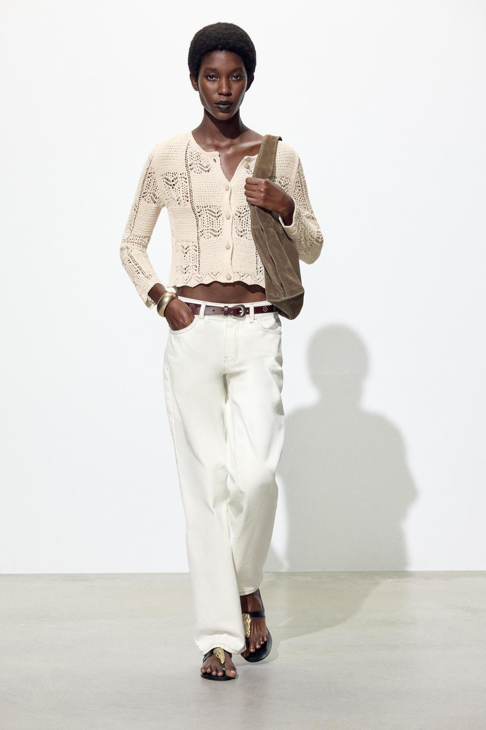 ZARA АЖУРНЫЙ ТРИКОТАЖНЫЙ КАРДИГАН, ЭКРЮ