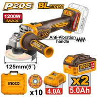 Аккумуляторная УШМ 20В, BL 125мм 2хАКБ 5Ач и ЗУ 4A SUPER INGCO CAGLI2120272 INDUSTRIAL