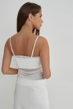 Топ из атласа с сеткой  кремового цвета