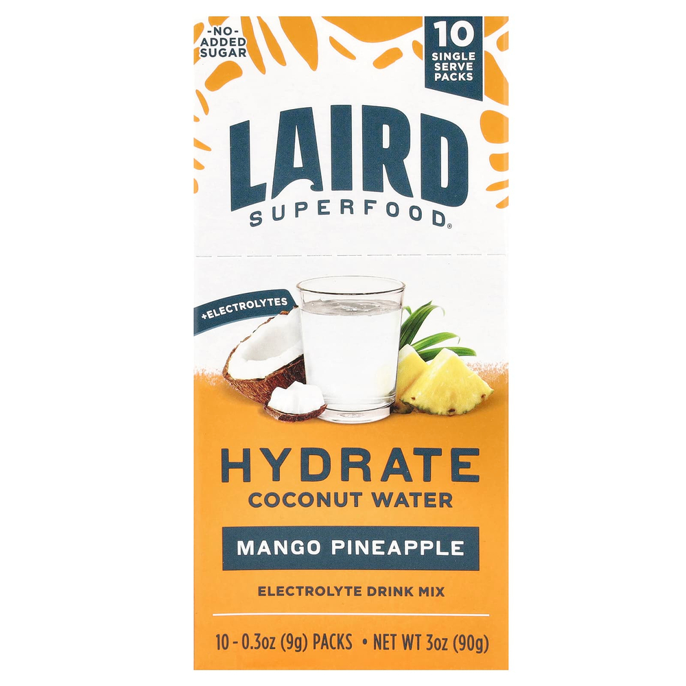 Laird Superfood, Hydrate Coconut Water, смесь для приготовления электролитного напитка, манго и ананас, 10 порционных пакетиков по 9 г (0,3 унции)