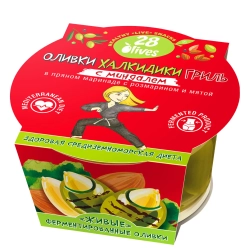Оливки Халкидики ГРИЛЬ с миндалем в маринаде с розмарином и мятой 28Olives, 150 г, упаковка спереди