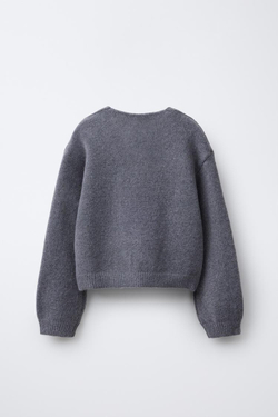 ZARA КАРДИГАН С V-ОБРАЗНЫМ ВЫРЕЗОМ, БАНТАМИ И БЛЕСТКАМИ, СЕРЫЙ