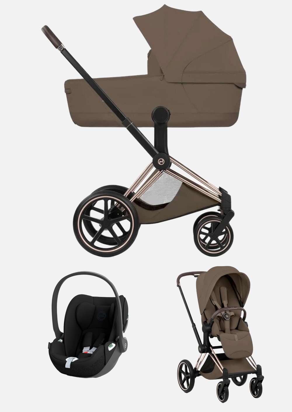 Cybex Priam 5 Style, в цвете Coconut Brown (шасси Rose Gold) + автокресло Cybex Cloud T