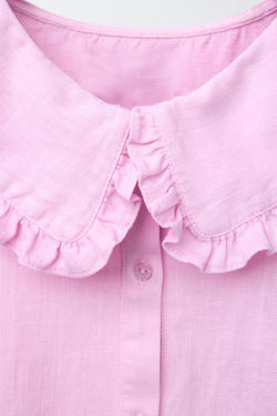 ZARA РУБАШКА ИЗ ХЛОПКА И ЛЬНА С КРУГЛЫМ ВОРОТНИКОМ, РОЗОВЫЙ/ЛИЛОВЫЙ