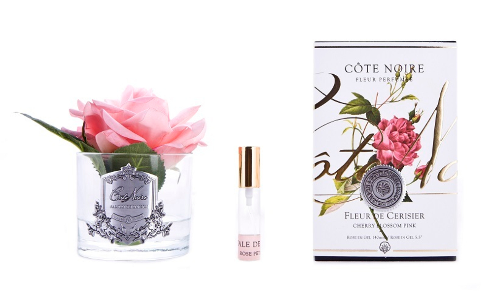 Ароматизированная роза в прозрачной вазе и 1 спрей 16х10.5х10.5 Cote Noire French Rose Cherry Blossom Pink