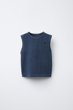 ZARA ФУТБОЛКА БЕЗ РУКАВОВ С ВЫШИВКОЙ, МОРСКОЙ СИНИЙ