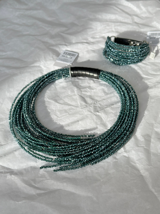 Колье "лапы" венецианское стекло бисерной огранки, цвет сине-зеленый