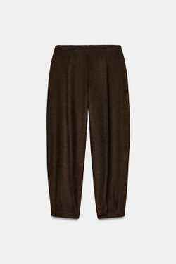 ZARA БРЮКИ BARREL ИЗ СМЕСОВОЙ ШЕРСТИ СО СКЛАДКАМИ, ТЕМНО-КОРИЧНЕВЫЙ
