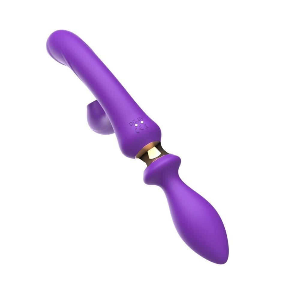 Фиолетовый двусторонний вибромассажёр с клиторальным отростком - 30 см. (Цвет: фиолетовый)