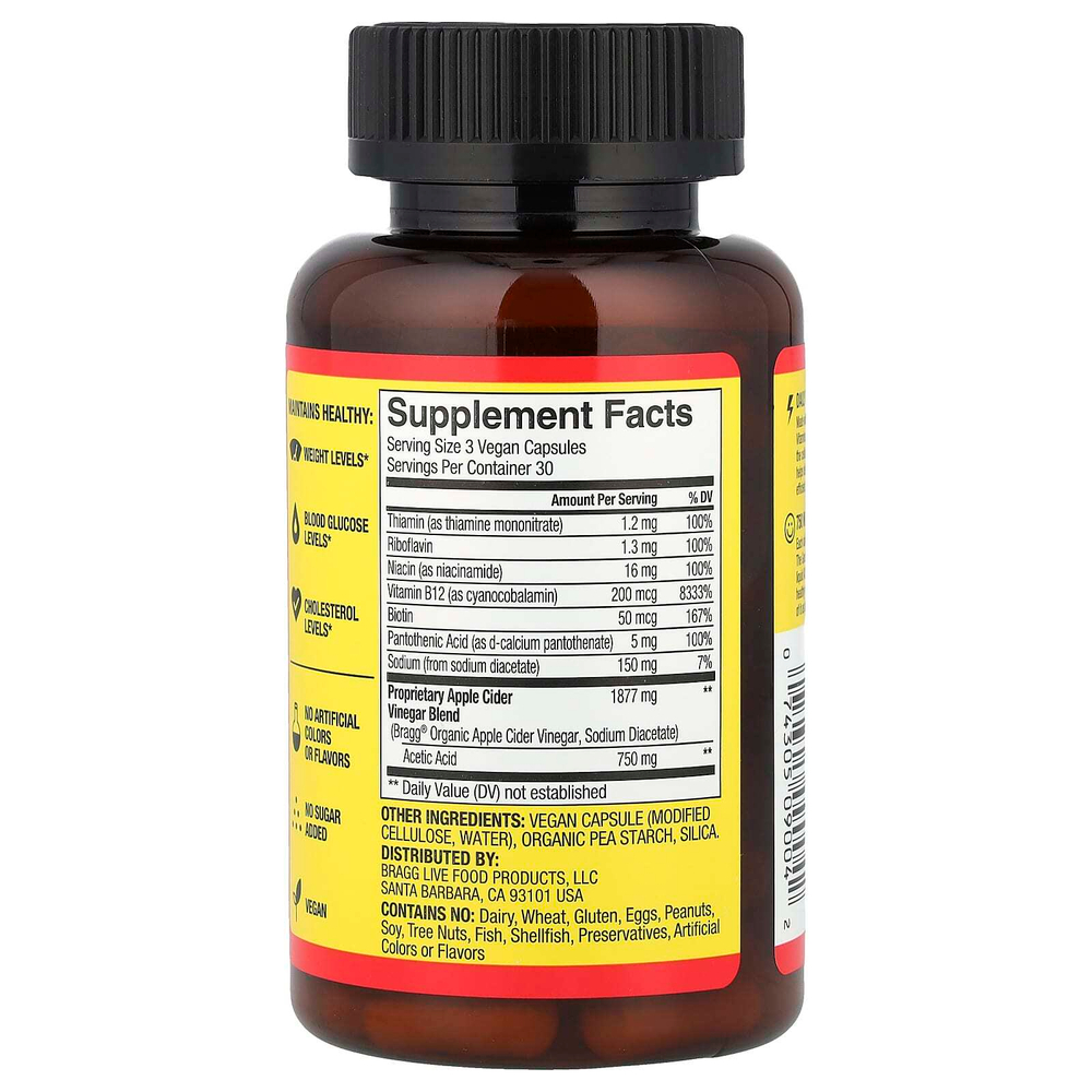 Bragg, Energy, яблочный уксус и 6 витаминов группы B, 90 капсул