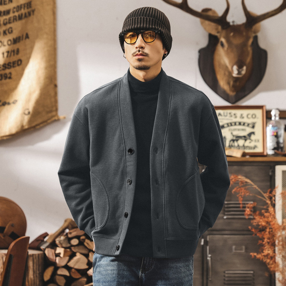 Мужская куртка-кардиган в американском стиле ретро, весна и осень, ленивый стиль, тяжелый свитшот, свободная повседневная мужская куртка, осень и зима.