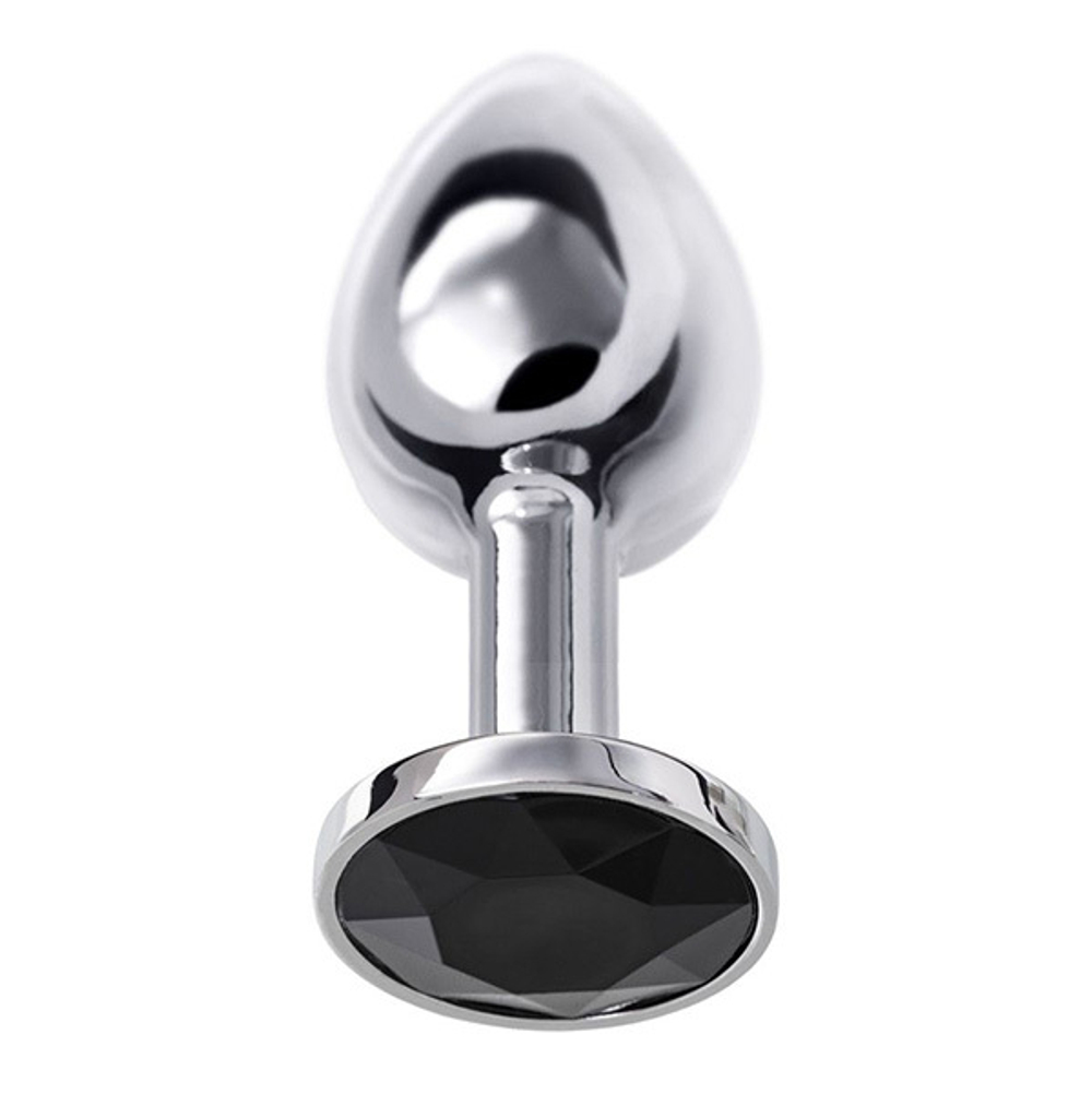 Маленькая серебристая анальная втулка 6см с чёрным кристаллом ToyFa Metal 712003