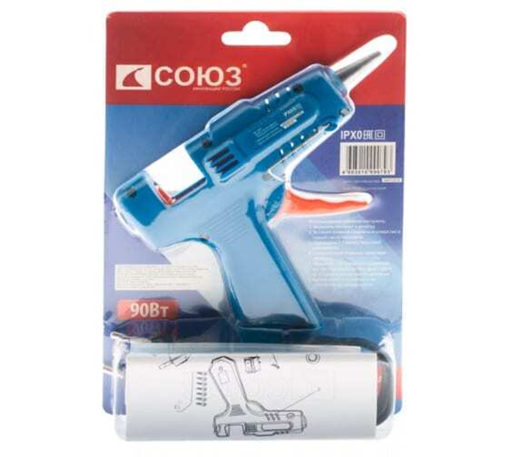 ПИСТОЛЕТ КЛЕЕВОЙ СОЮЗ 90ВТ 2 СТЕРЖНЯ БЛИСТЕР КПС-2461В