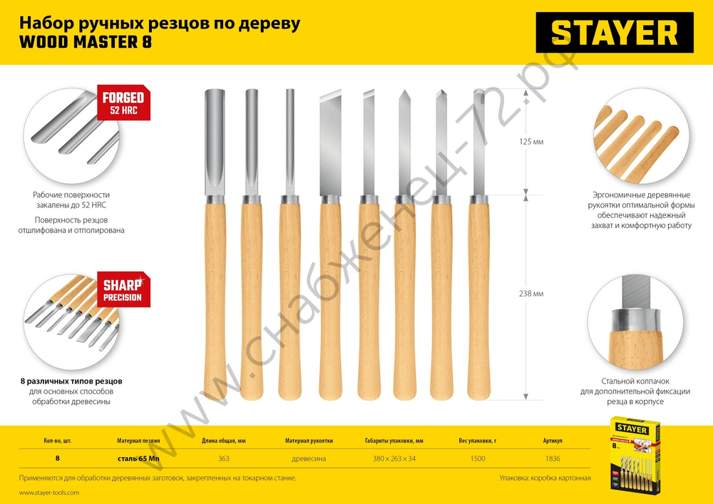 STAYER Wood Master 8 предм., Набор ручных резцов по дереву (1836)