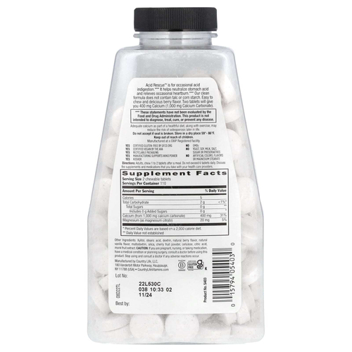 Country Life, Acid Rescue, карбонат кальция, ягодный вкус, 220 жевательных таблеток