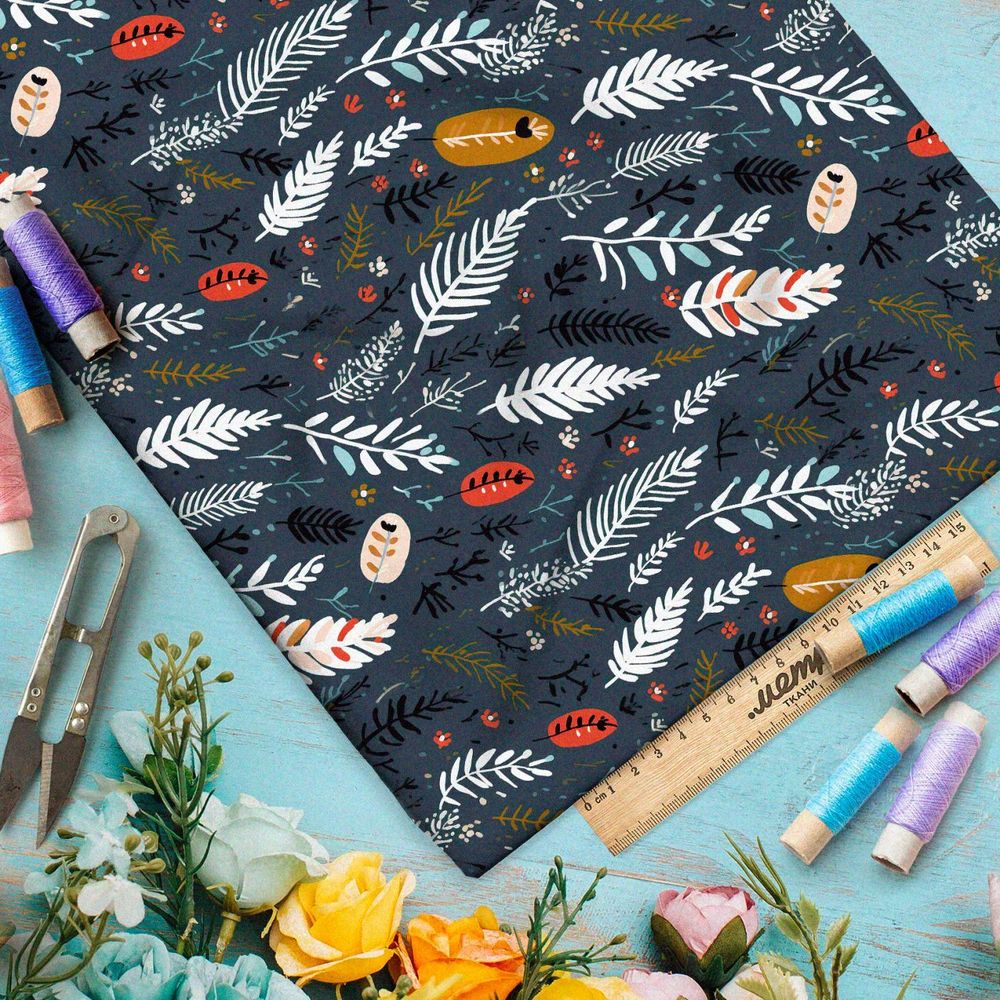 Ткань премиум флис белые веточки на сером