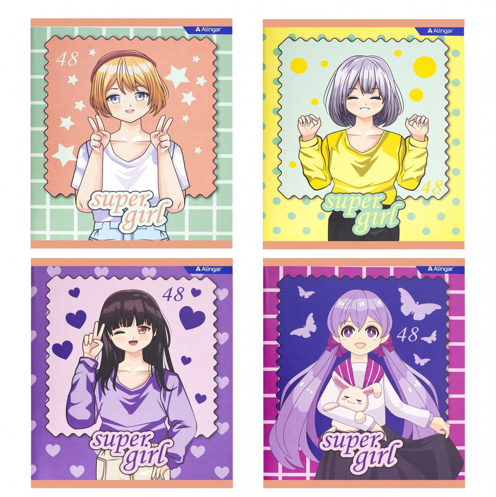 Тетрадь 48л., А5, клетка, Alingar "Fashion girls", скрепка, мелованный картон (стандарт), выб УФ лак, блок офсет, 4 дизайна в пленке т/у