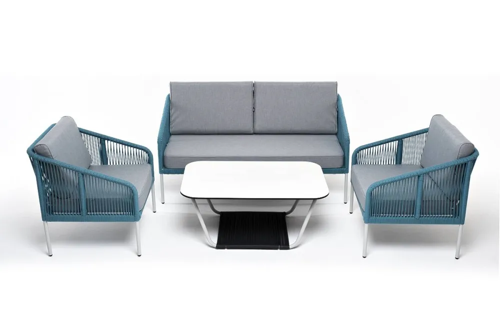 "Канны" лаунж-зона 4-местная из роупа со столом "Гранада" (молочный), каркас алюминиевый светло-серый, роуп бирюзовый