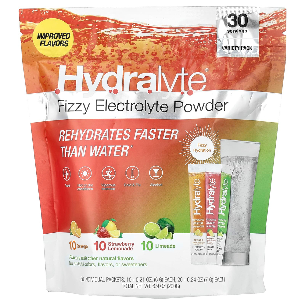 Hydralyte, шипучий электролитный порошок, ассорти вкусов, апельсин, клубничный лимонад и лаймад, 30 отдельных пакетиков