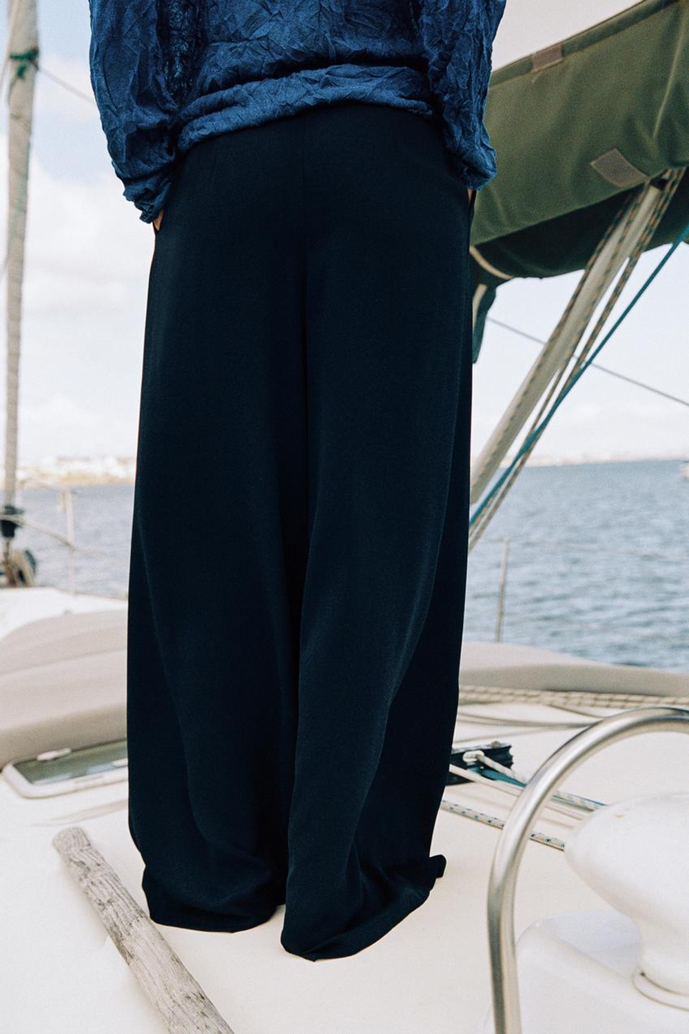 ZARA БРЮКИ ПАЛАЦЦО С ЗОЛОТИСТОЙ ПУГОВИЦЕЙ, МОРСКОЙ СИНИЙ