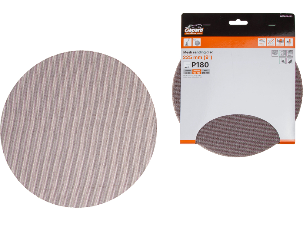 Шлифлист 225мм круг Р180 сетка, самосцепл. 5шт. GEPARD (GP5021-180)