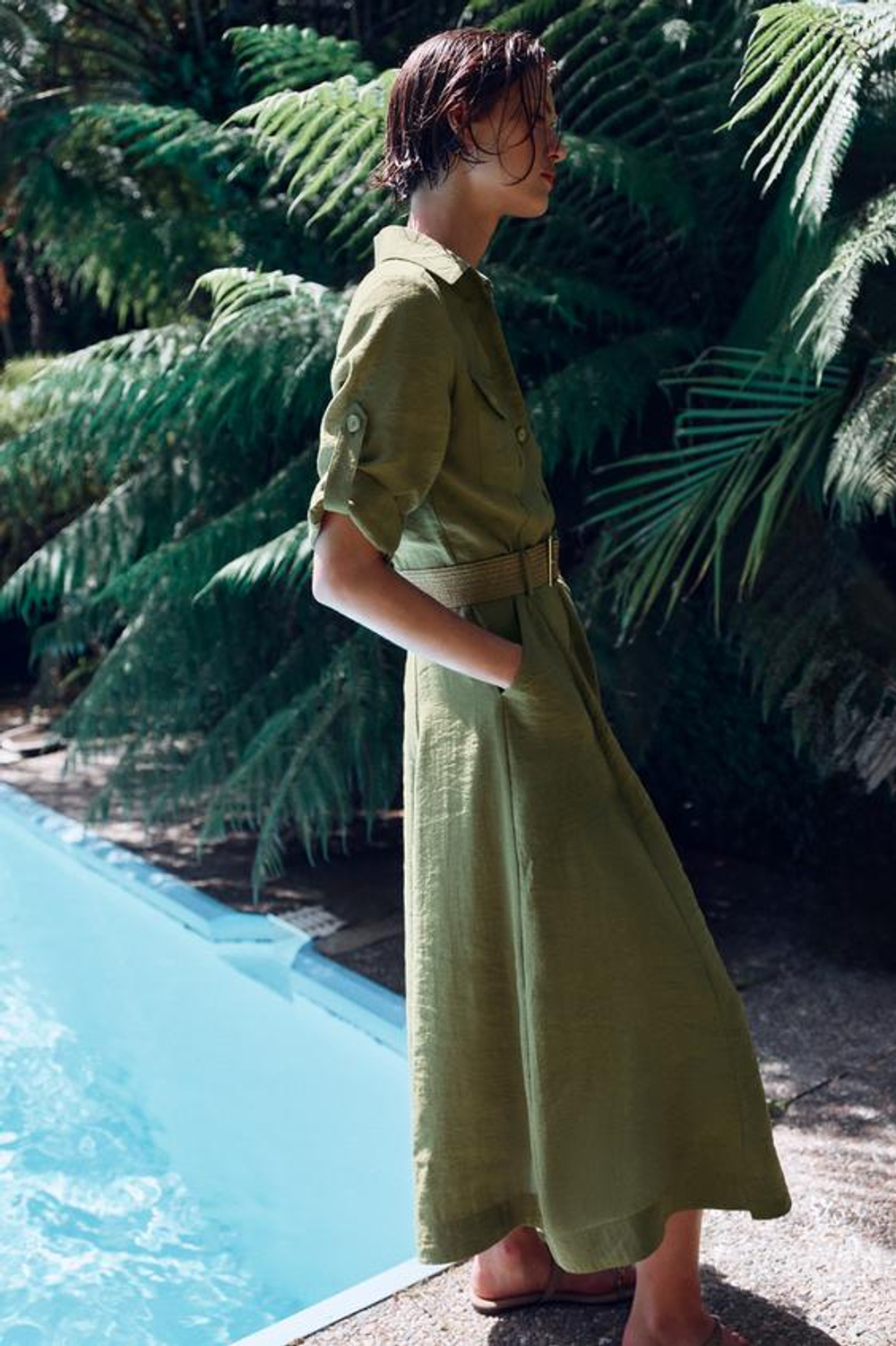 ZARA ПЛАТЬЕ-РУБАШКА МИДИ С РЕМНЕМ, ХАКИ