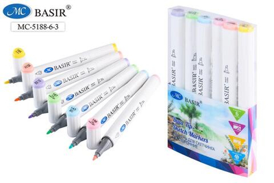 Набор скетчмаркеров двусторон. пастельные тона, 1,0-7,0 mm 6цв. (Basir)