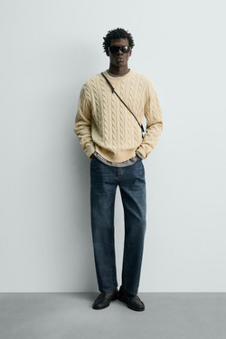 ZARA СВИТЕР ИЗ СМЕСОВОГО ХЛОПКА С УЗОРОМ «КОСЫ», ВАНИЛЬНЫЙ