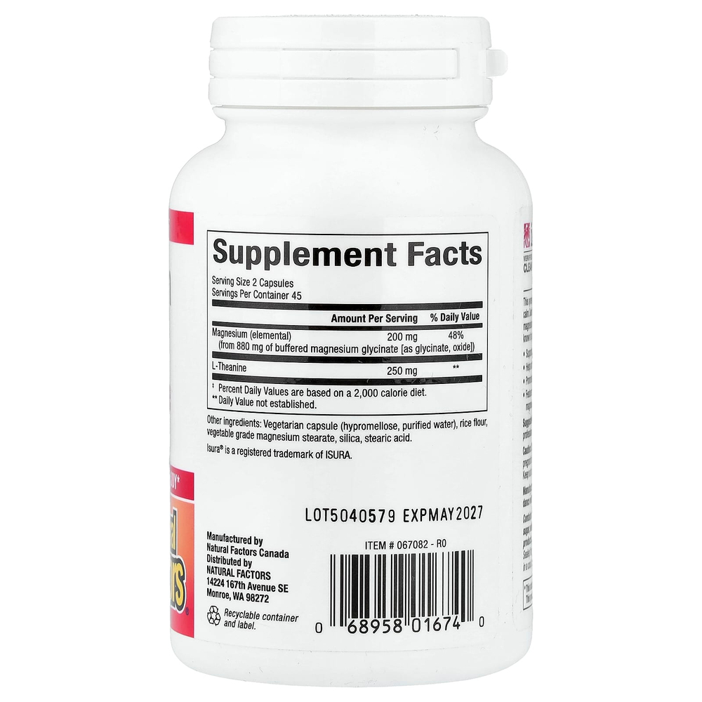 Natural Factors, глицинат магния с L-теанином, 90 вегетарианских капсул