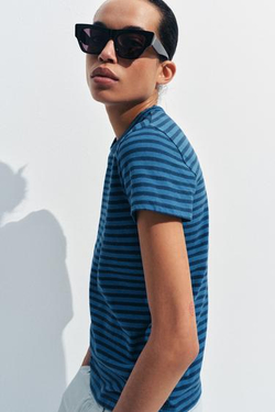 ZARA ФУТБОЛКА В ПОЛОСКУ ИЗ ХЛОПКА И ЛЬНА, СИНИЙ/ИНДИГО