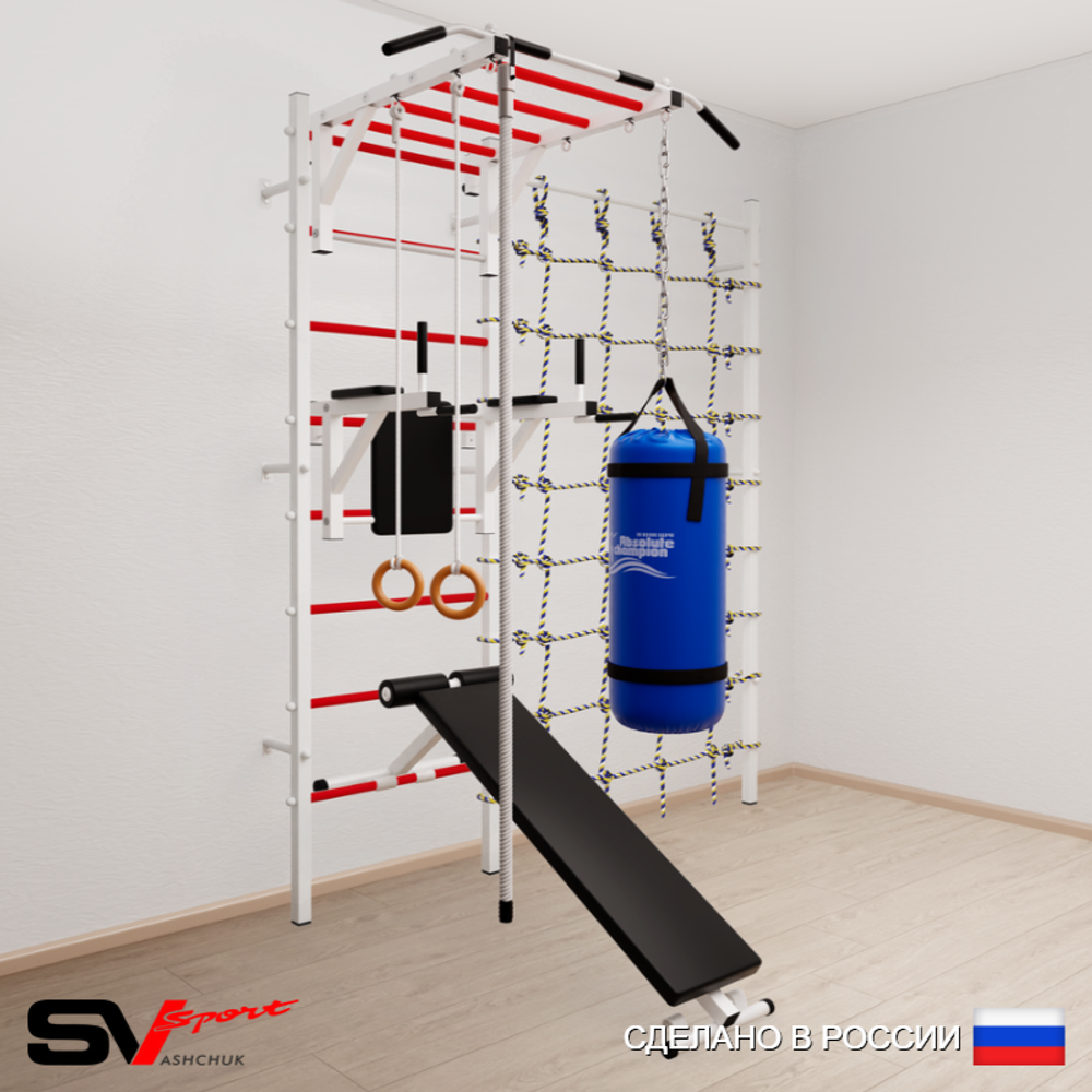 Шведская стенка Sv Sport усиленная 65410 (Турник рукоход/Брусья/Скамья/Канат/Кольца/Цепь/Мешок 15кг/Канатный лаз)