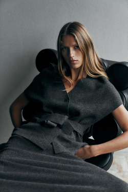 ZARA ТРИКОТАЖНЫЙ ЖИЛЕТ С ПОЯСОМ, СЕРЫЙ