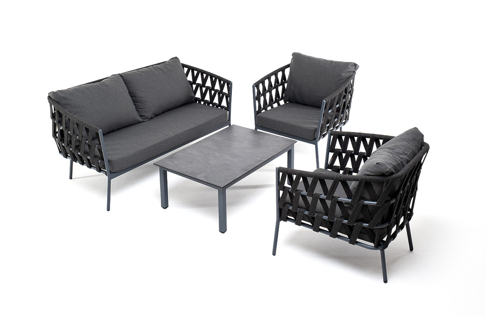 "Диего" лаунж-зона 4-местная плетеная из роупа со столиком "Канны" цвета "дуб", основание дуб, роуп бежевый