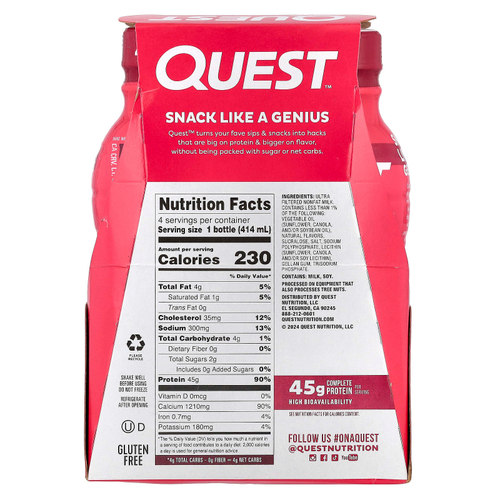 Quest Nutrition, Протеиновый молочный коктейль, клубника, 4 флакона по 414 мл (14 жидк. Унций)